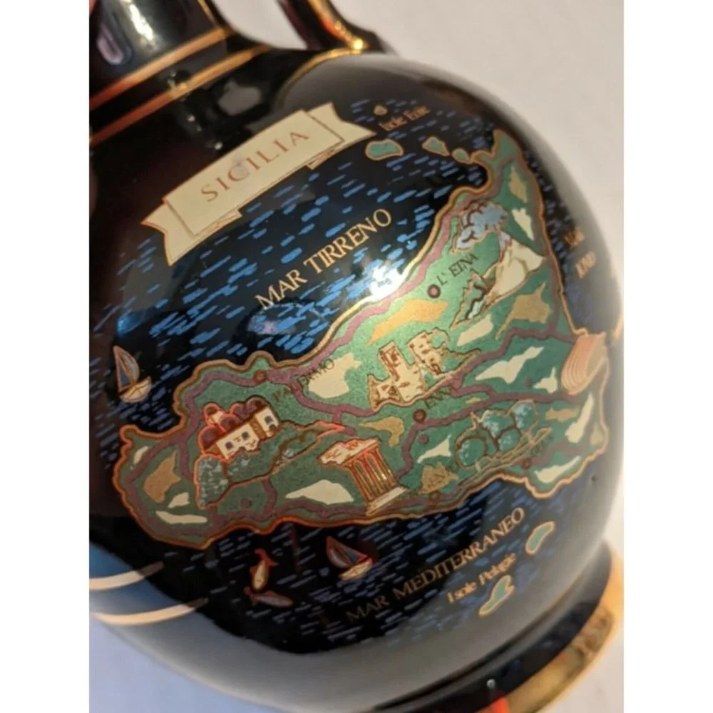 Vintage Terracotta Sicilia Vase Black Hand Painted 24k Gold Greek Figures Map 7